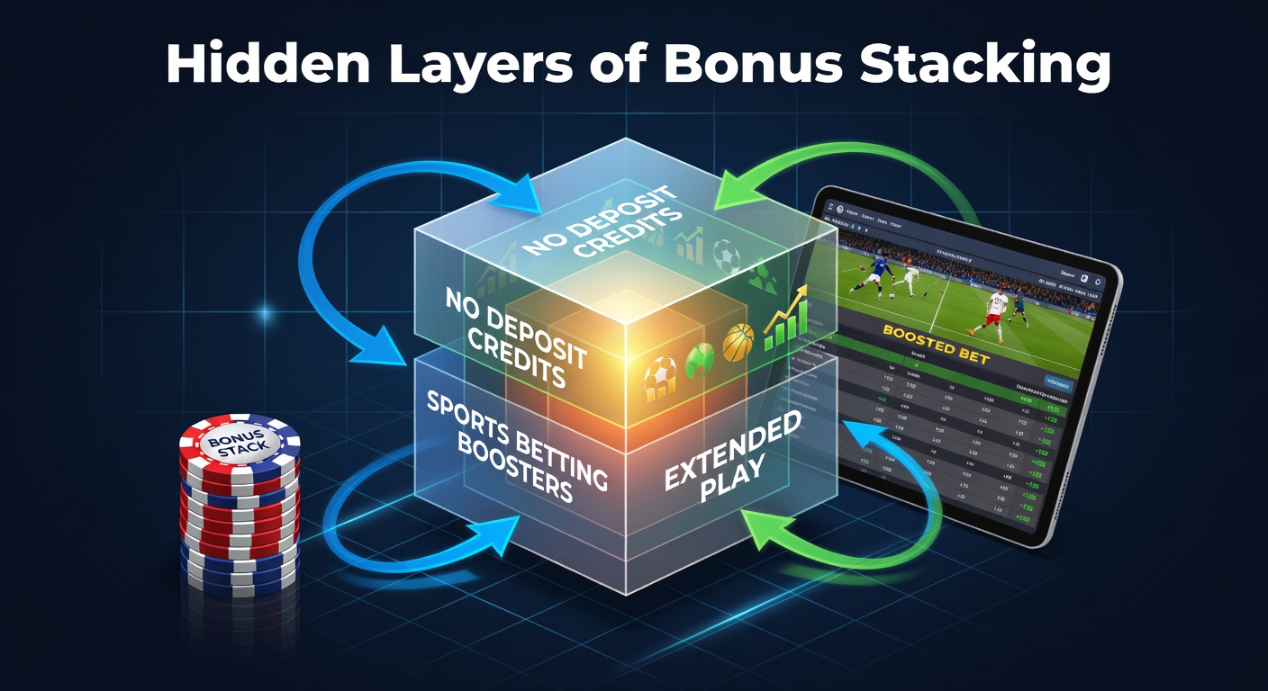 Grafik zeigt gestapelte Bonus-Schichten mit No-Deposit-Credits und Sportwetten-Boostern, die sich zu einer verlängerten Spielzeit verbinden