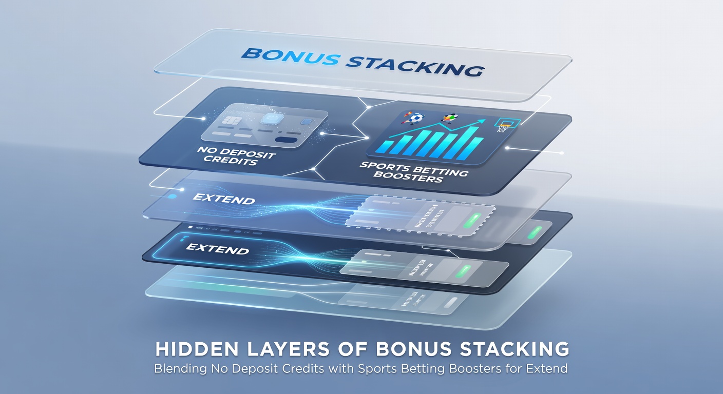 Detaillierte Illustration von Bonus-Stacking-Mechaniken, bei der No-Deposit-Credits und Booster zu einer Kaskade aus verlängerter Spielzeit führen